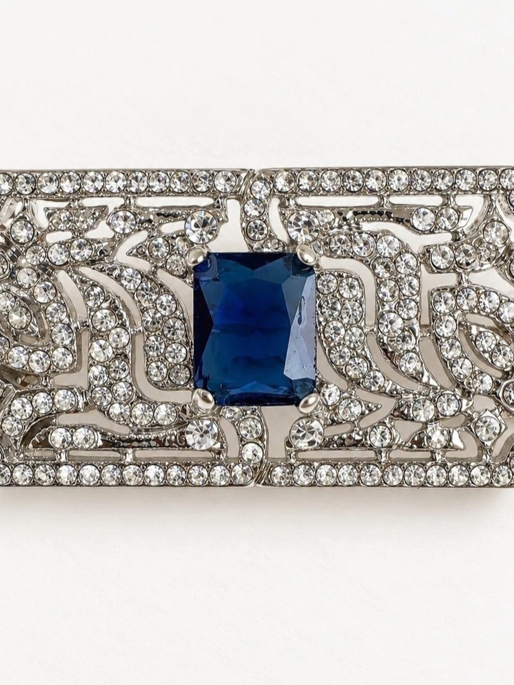 Silver-Tone Rhinestone Brooch with Deep Blue Center Stone